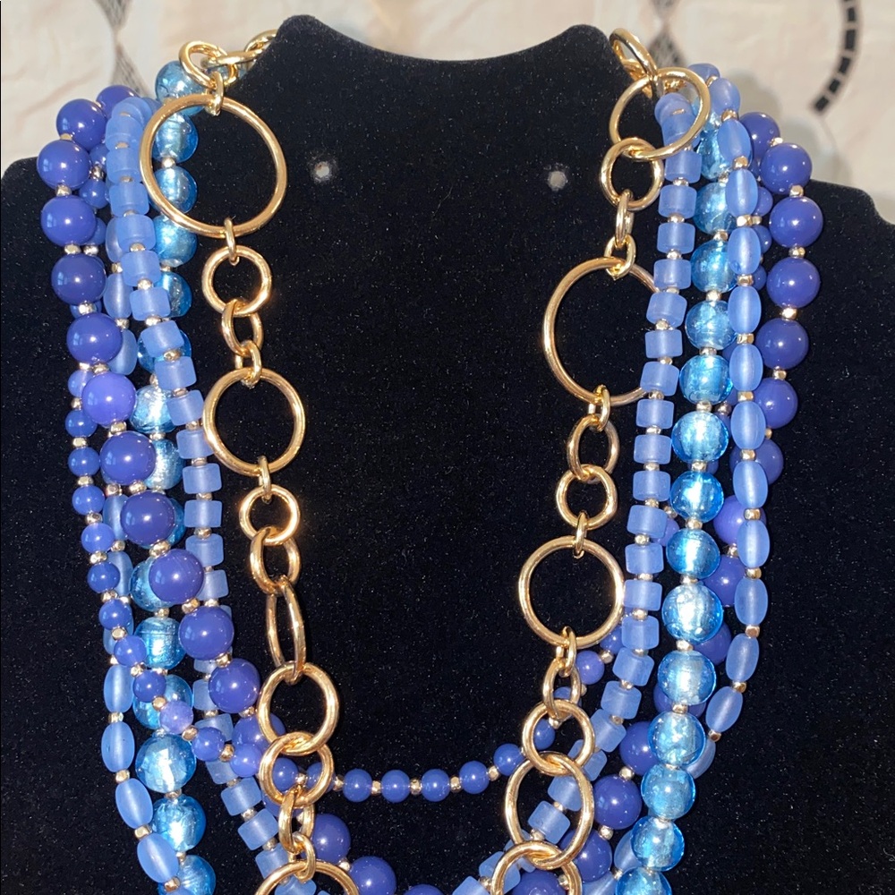 Chunky Statement Blue Beaded Multi-Strand Necklac… - image 2